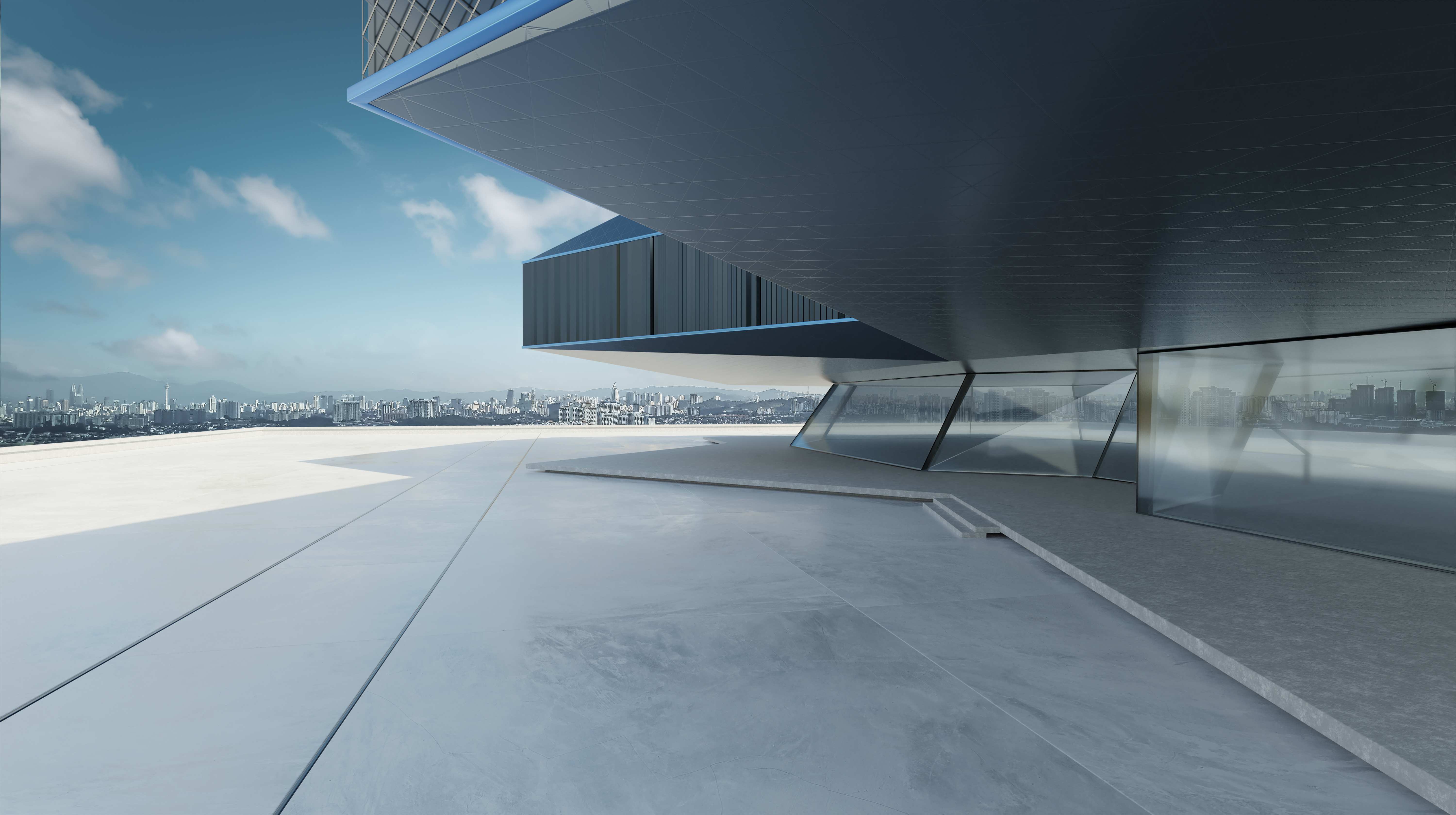 Modern minimalist architectural building with geometric shapes against blue sky background